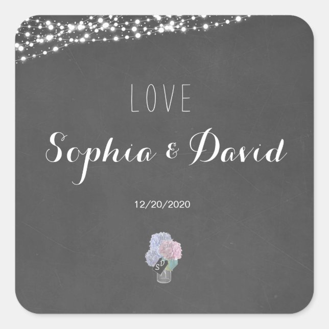 String Lights Mason Jar Chalkboard Wedding Quadratischer Aufkleber (Vorderseite)