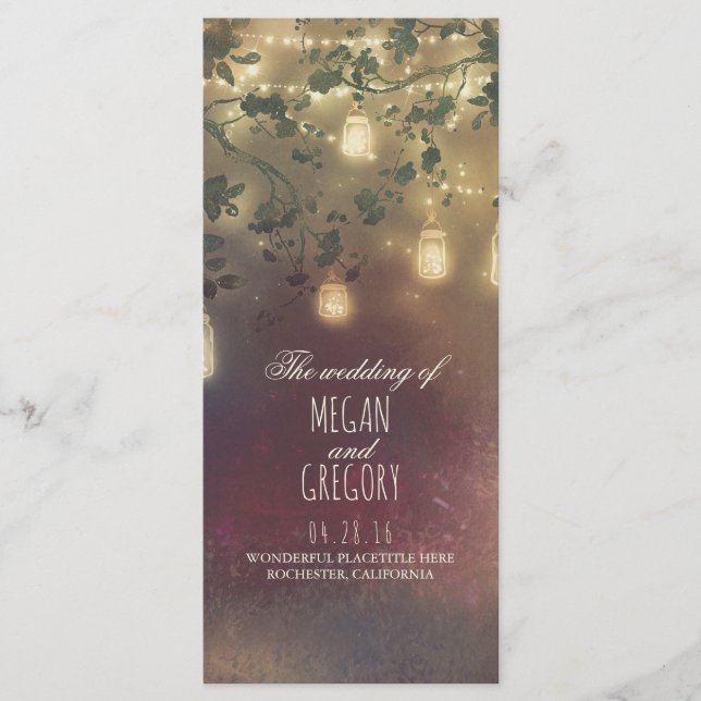 String Lights Mason Jar Rustic Weddingprogramme Programm (Vorderseite)