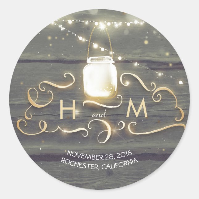 String Lights Mason Jar Rustic Wood Initials Runder Aufkleber (Vorderseite)