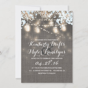 String Lights Mason Jars Rustic Burlap Wedding Einladung
