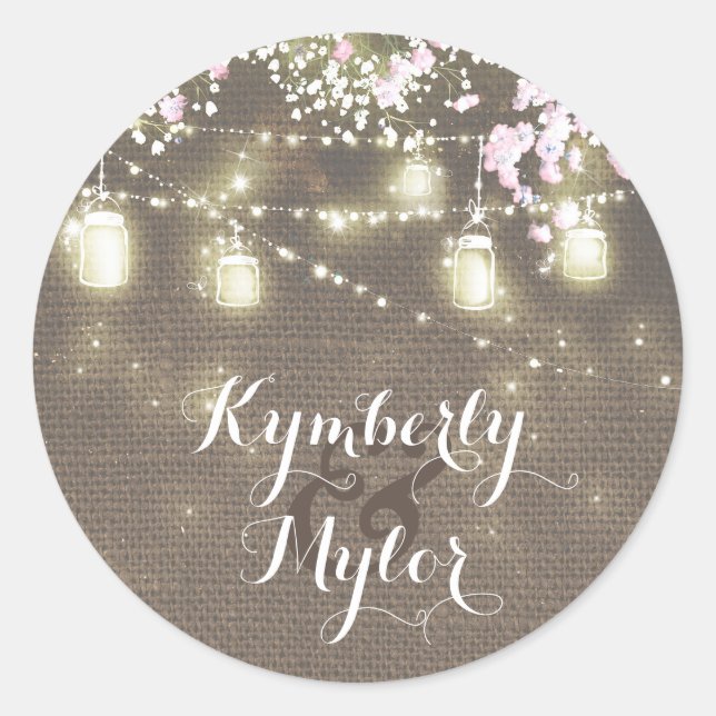 String Lights Mason Jars Rustikales Gipskraut Runder Aufkleber (Vorderseite)