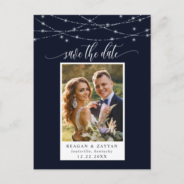 String Lights Navy Blue Foto Save the Date Ankündigungspostkarte (Vorderseite)