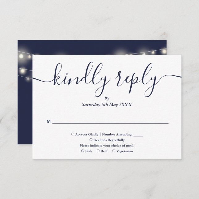 String Lights Navy Blue Script Auswahl RSVP Karte (Vorne/Hinten)