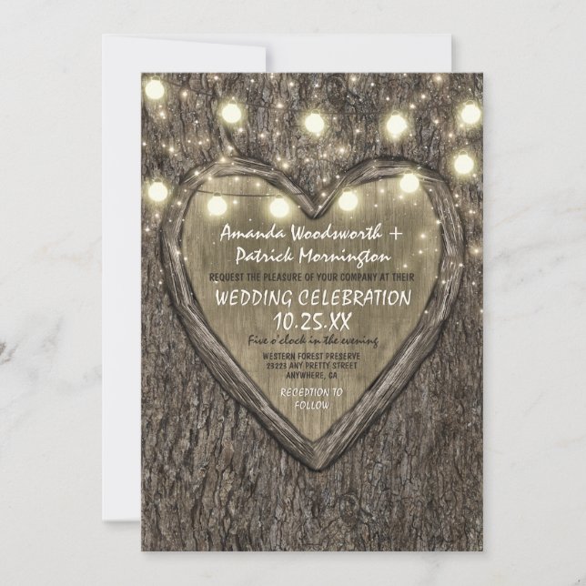 String Lights + Oak Tree Barke Hochzeitseinladunge Einladung (Vorderseite)