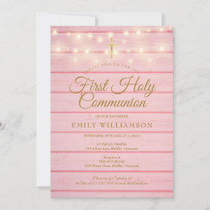 String Lights Pink Wood First Holy Communion Einladung