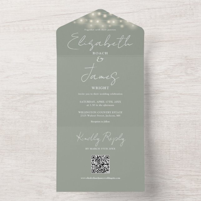 String Lights QR Code Sage Green Wedding All In One Einladung (Innen Boden)