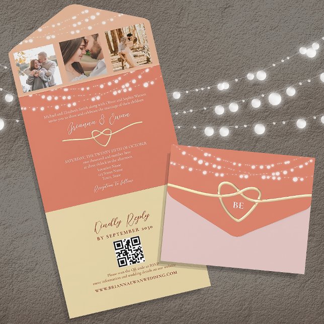 String Lights Retro Peach Wedding QR Code All In One Einladung (Von Creator hochgeladen)