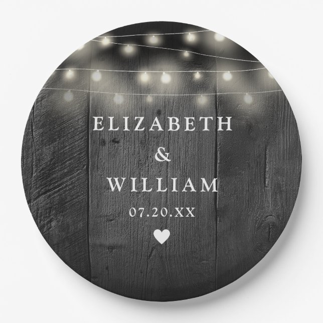 String Lights Rustic Black Wood Boho Barn Wedding Pappteller (Vorderseite)
