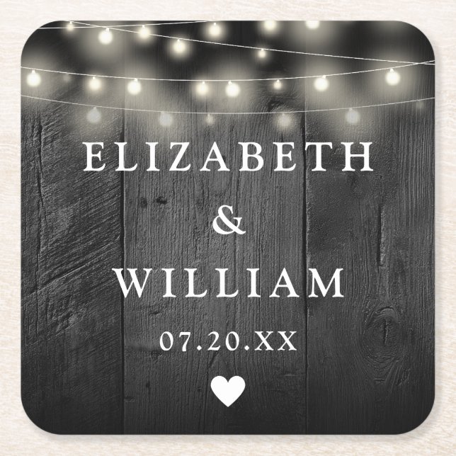 String Lights Rustic Black Wood Boho Barn Wedding Rechteckiger Pappuntersetzer (Vorderseite)