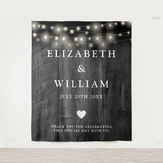 String Lights Rustic Black Wood Foto Background Wandteppich (Vorderseite)