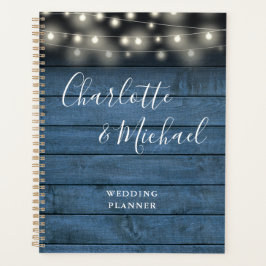 String Lights Rustic Blue Wood Script Wedding Planer
