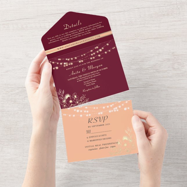 String Lights Rustic Burgundy Peach Wedding All In One Einladung (Abreißen)