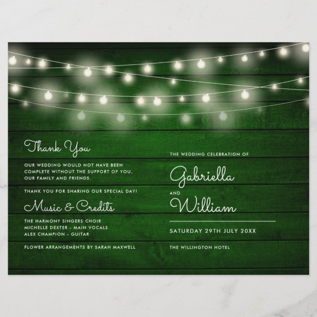 String Lights Rustic Green Wood Wedding Program (Vorderseite)