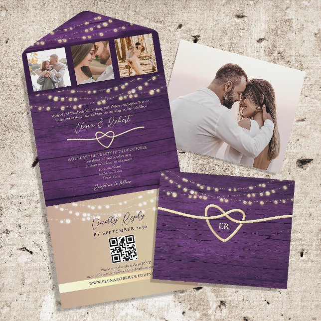 String Lights Rustic Lila Wedding QR Code All In One Einladung (Von Creator hochgeladen)