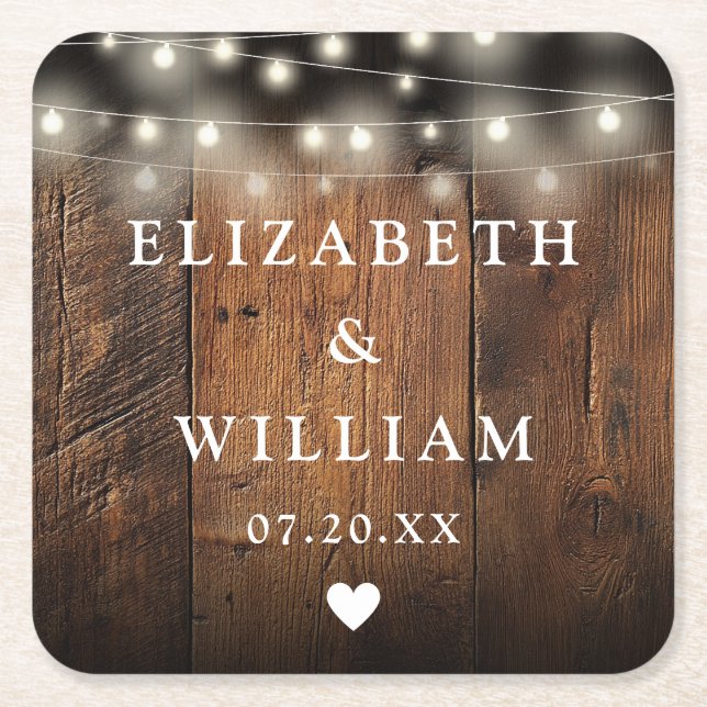 String Lights Rustic Wood Boho Barn Wedding Rechteckiger Pappuntersetzer (Vorderseite)