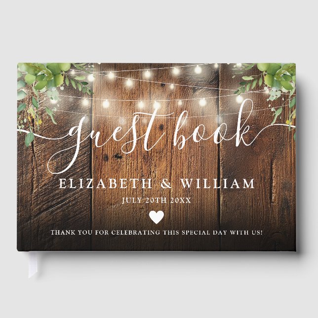 String Lights Rustic  Wood Greenery Wedding Gästebuch (Vorderseite)
