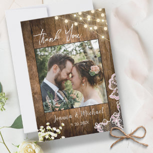 String Lights Rustic Wood & Lace Wedding Vielen Da Dankeskarte