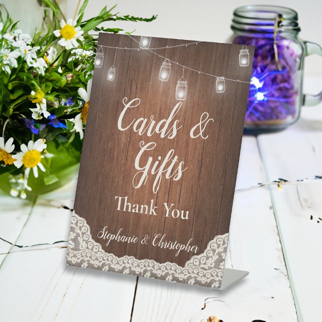 String Lights Rustic Wood Script Cards Geschenke Sockelschild (cards and gifts vintage wedding sign)