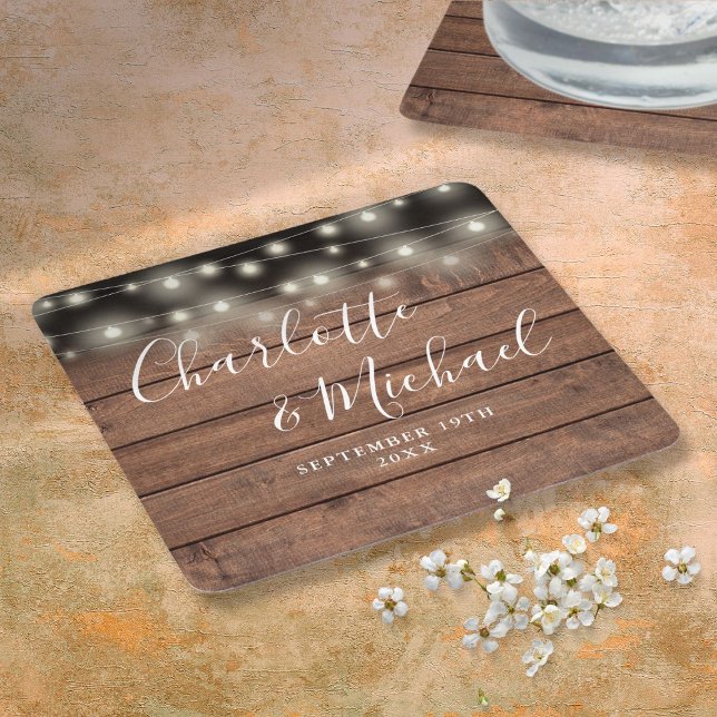 String Lights Rustic Wood Signature Script Hochzei Rechteckiger Pappuntersetzer (String Lights Rustic Wood Signature Script Wedding Square Paper Coaster)