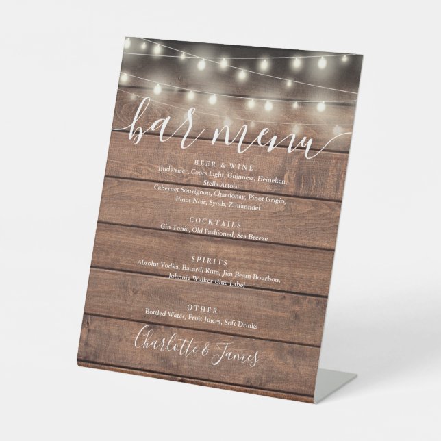String Lights Rustic Wood Wedding Bar Menu Sockelschild (Vorderseite)