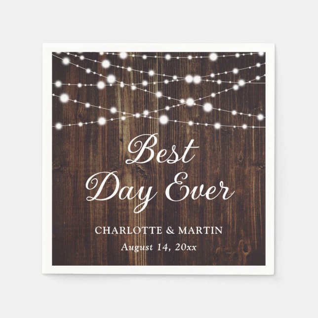 String Lights Rustic Wood Wedding Serviette (Vorderseite)