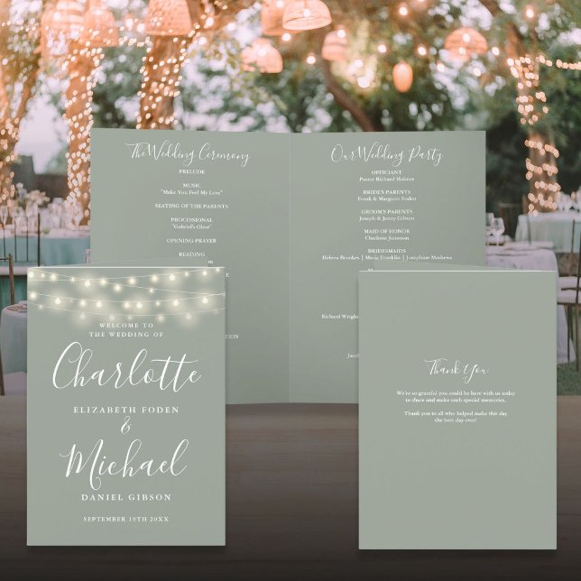String Lights Sage Green Elegante Script Hochzeit Programm (String Lights Sage Green Elegant Script Wedding Program)