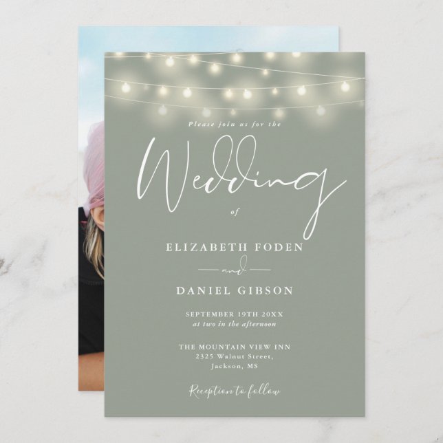 String Lights Sage Green Photo Wedding Einladung (Vorne/Hinten)