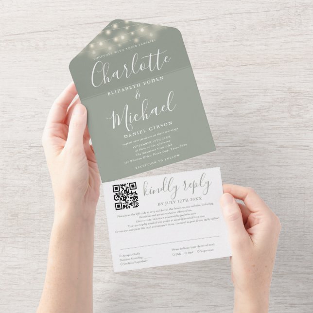 String Lights Sage Green Script QR Code Wedding All In One Einladung (Abreißen)