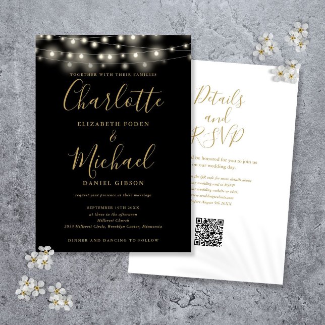 String Lights Script Black Gold QR Code Wedding Einladung (String Lights Script Black Gold QR Code Wedding Invitation)