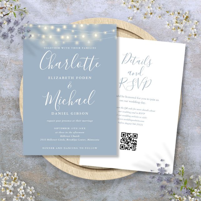 String Lights Script Dusty Blue QR Code Wedding Einladung (String Lights Script Dusty Blue QR Code Wedding Invitation)