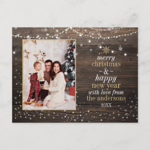 String Lights & Snow   Rustic Wood Christmas Foto Postkarte