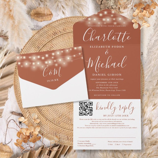String Lights Terracotta Script QR Code Wedding All In One Einladung (String Lights Terracotta Script QR Code Wedding All In One Invitation)