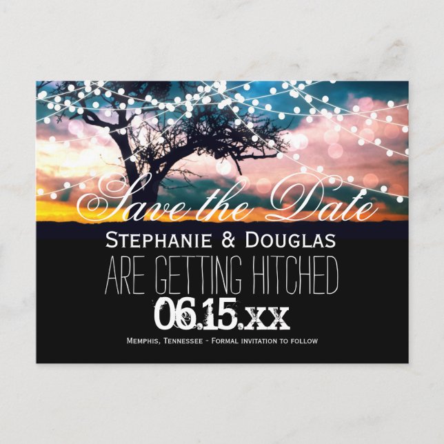 String Lights Tree Sunset Save the Date Postkarten (Vorderseite)