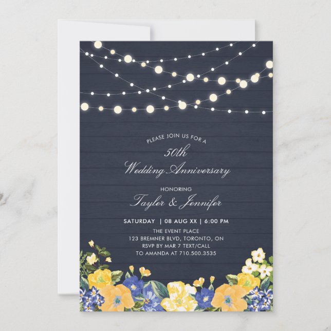String Lights & Wood | 50. Hochzeitstag Einladung (Vorderseite)