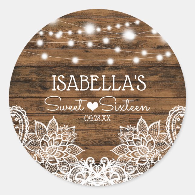 String Lights Wood and Lace Sweet 16 Danke Runder Aufkleber (Vorderseite)
