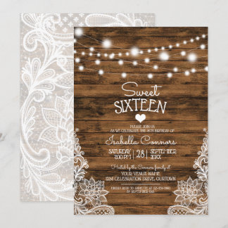 String Lights Wood and Lace Sweet 16 Party Einladung
