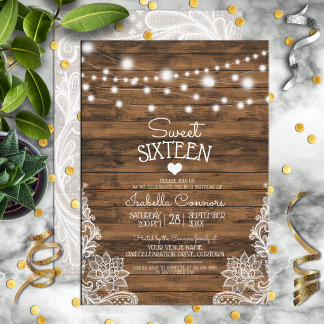 String Lights Wood and Lace Sweet 16 Party Einladung