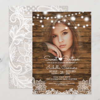 String Lights Wood and Lace Sweet 16 Party Einladung