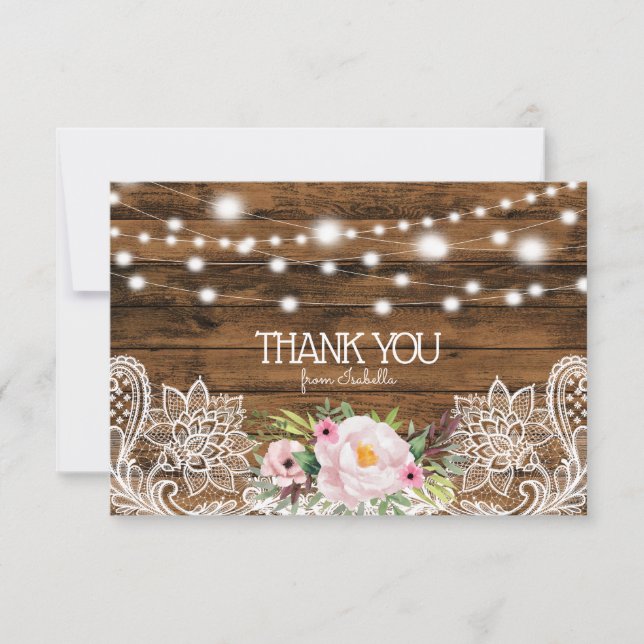 String Lights Wood floral and Lace Danke Karte (Vorderseite)