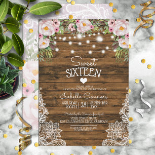 String Lights Wood floral and Lace Sweet 16 Party Einladung