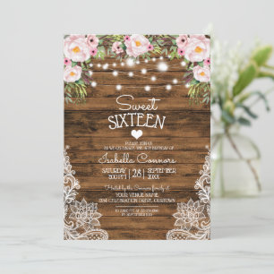 String Lights Wood floral and Lace Sweet 16 Party Einladung