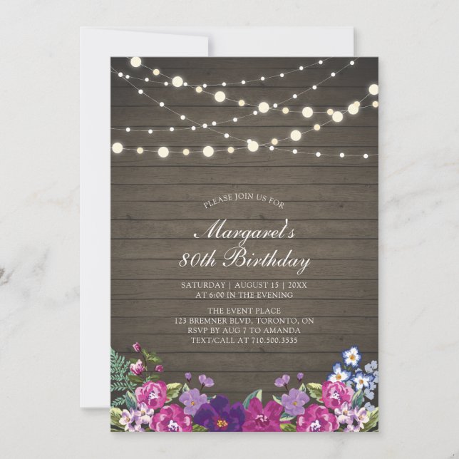String Lights & Wood | Floral Erwachsene Geburtsta Einladung (Vorderseite)
