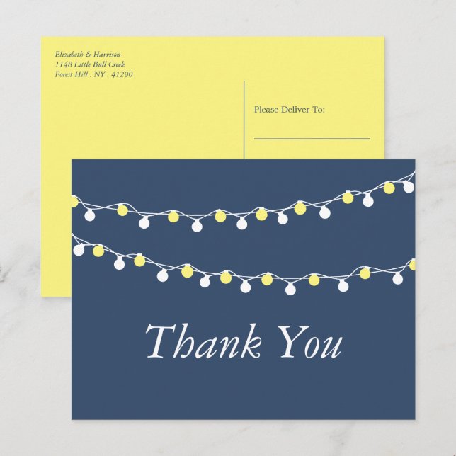 String Lights, Yellow & White Wedding Vielen Dank Postkarte (Vorne/Hinten)