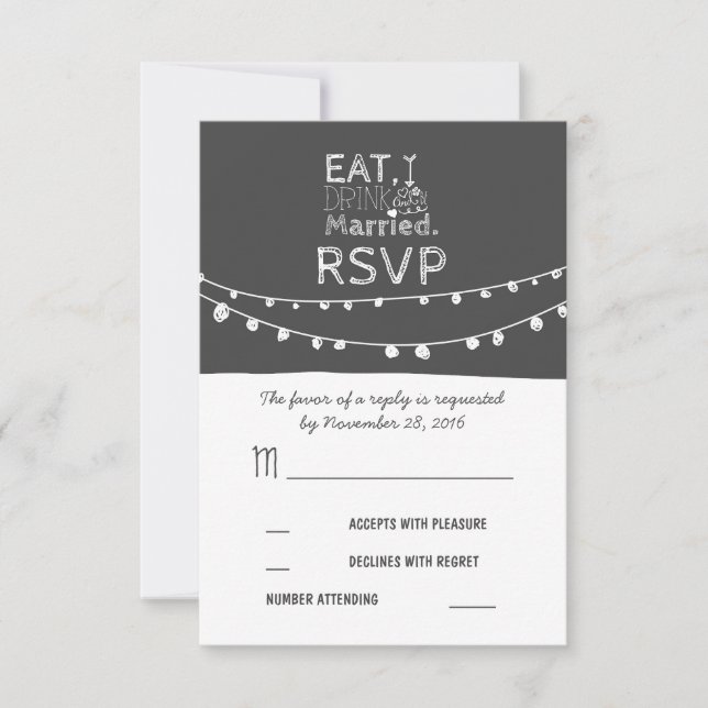 Stringleuchten essen trinken und verheiratete RSVP Karte (Vorderseite)