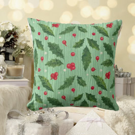 Strip Christmas Holly Green Red Throw Kissen