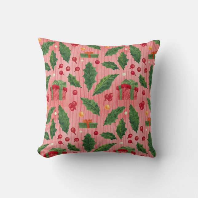 Strip Christmas Holly Red Throw Kissen (Vorderseite)