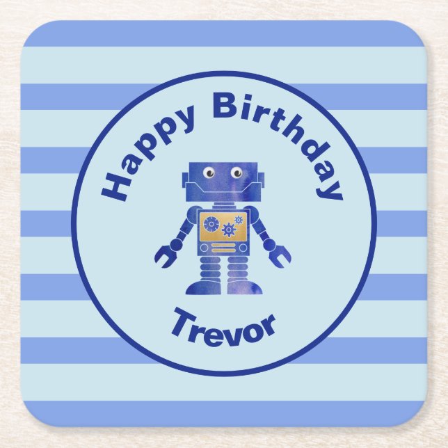 Strip Happy Birthday Blue Gold Robot mit Name Rechteckiger Pappuntersetzer (Vorderseite)