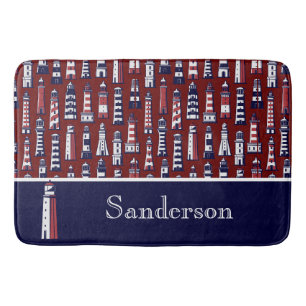 Strip Lighthouse Nautical Navy Blue Grau Red Badematte