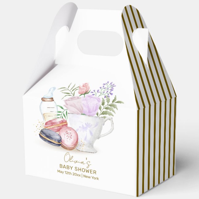 Stripe Bonjour Floral Macarons Tea Baby Dusche Geschenkschachtel (Rückseite)