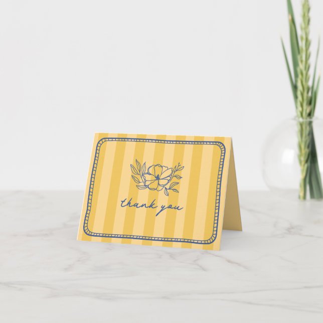 Stripe Floral Yellow Blue Wedding Vielen Dank Dankeskarte (Vorderseite)